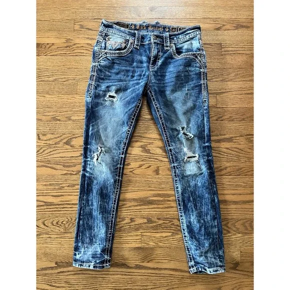 Rock Revival Jeans Men's 32x30 Selwyn Leather Insert Star Slim Taper Distressed - Picture 3 of 16